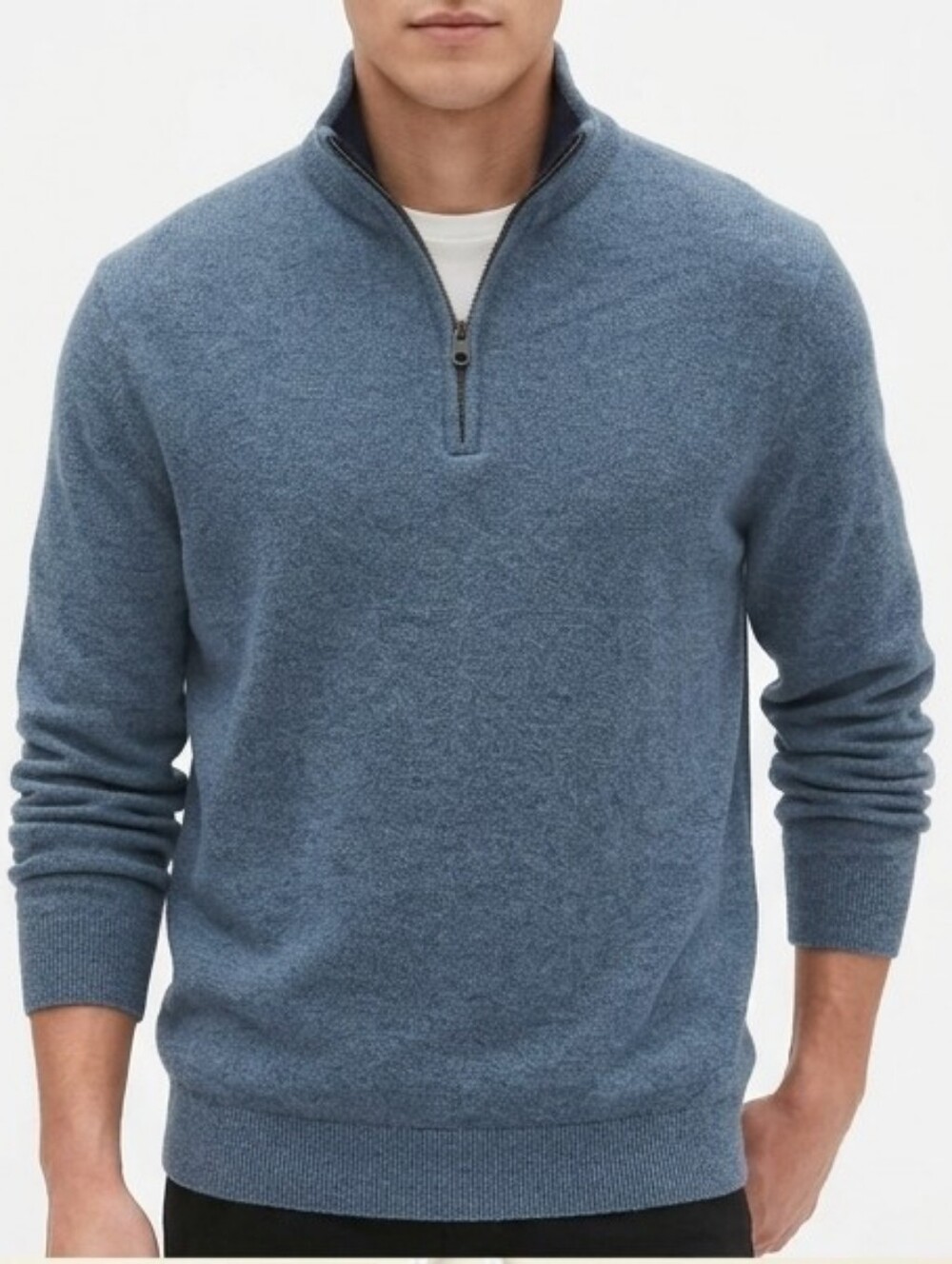 GAP Heathered Blue Quarter-Zip 100% Merino Wool Sweater